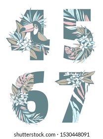 Decorative set floral tropical pattern letter numbers figures 4, 5, 6, 7 font. Lettering hand drawn beach palm leaves birds flowers ornament. Vector grunge black white illustration t-shirt print.