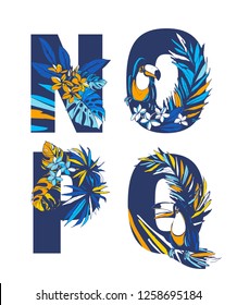 Decorative set floral tropical tropic pattern letter alphabet abc font. Lettering hand drawn beach palm leaves birds flowers ornament. Vector grunge orange blue illustration t-shirt print. N, O, P, Q