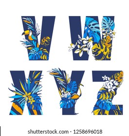 Decorative set floral tropical tropic pattern letter alphabet abc font. Lettering hand drawn beach palm leaf birds flowers ornament. Vector grunge orange blue illustration t-shirt print. V, W, X, Y, Z