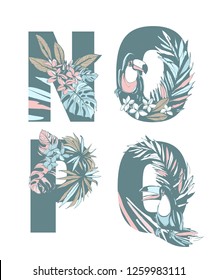 Decorative set floral tropical tropic pattern letter alphabet abc font. Lettering hand drawn beach palm leaves birds flowers ornament. Vector grunge pink blue illustration t-shirt print. N, O, P, Q