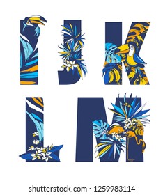 Decorative set floral tropical tropic pattern letter alphabet abc font. Lettering hand drawn beach palm leaf birds flowers ornament. Vector grunge orange blue illustration t-shirt print. I, J, K, L, M
