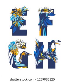 Decorative set floral tropical tropic pattern letter alphabet abc font. Lettering hand drawn beach palm leaves birds flowers ornament. Vector grunge orange blue illustration t-shirt print. E, F, G, H