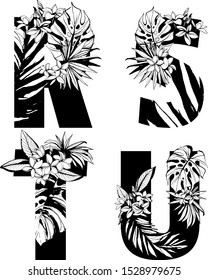 Decorative set floral tropical tropic pattern letter alphabet abc font. Lettering hand drawn beach palm leaves birds flowers ornament. Vector grunge black white illustration t-shirt print. R, s, t, u