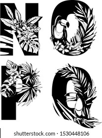 Decorative set floral tropical tropic pattern letter alphabet abc font. Lettering hand drawn beach palm leaves birds flowers ornament. Vector grunge black white illustration t-shirt print. N, o, p, q