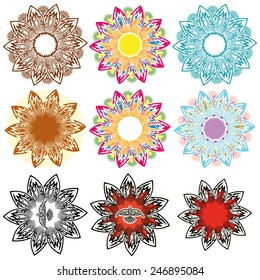 Decorative set Geometric shapes as detailed multicolored decorative flowers.