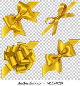 Decorative set of golden bow with diagonally ribbon for corner decor. New year holiday decorations. Vector realistic yellow bow