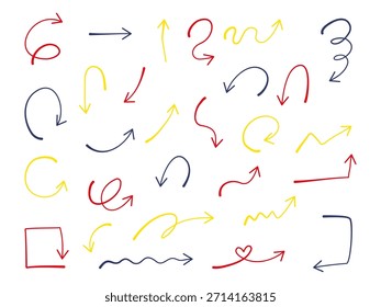 Ein dekorativer Satz von handgezeichneten Doodle-Pfeilen, illustriert in einem bunten Stift-Stil.