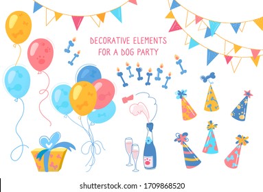 Decorative set for the holiday "dog’s birthday: balloons, champagne, glasses, caps, candles, garlands, gift, hearts. Vector set of elements for dogs and puppies. Isolated, for printing, textile, decor