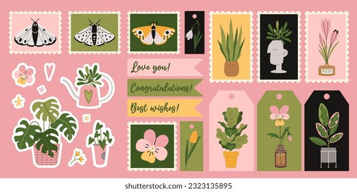 Decorative set with Houseplants, flowers and nature elements, cartoon style. Labels, postage stamps and stickers for decoration of the holiday. Trendy vector illustration, flat design