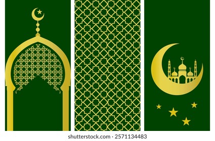 A decorative set of Islamic designs in gold and green, including a crescent moon with a mosque, an arabesque-patterned arch, and a geometric pattern, representing cultural and religious themes.