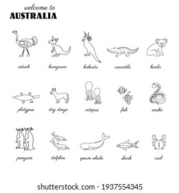 Conjunto decorativo kakadu, pingüino dorado, ballena, pescado, canguro, animal salvaje australiano, diseño de caricaturas de aves tropicales, ilustración de vectores de líneas de corte aislada en blanco para diseño