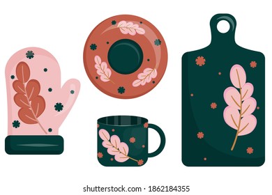 Decorative set of kitchen accessories isolated on a white background. Hand for hot, Cup, plate and cutting Board for kitchen illustrations. Vector illustration.