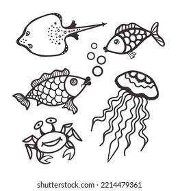 Decorative set of marine life. Jellyfish, crab, fish, stingray. Vector illustration. Doodle. Cartoon image. Symbol, icon, sticker. To create patterns on the marine theme