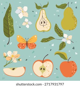 Decorative set of pears, apples, flowers, leaves, and a butterfly on a soft pastel background. Colored stylized set of whole and cut apples and pears in a playful style. Perfect for food themes