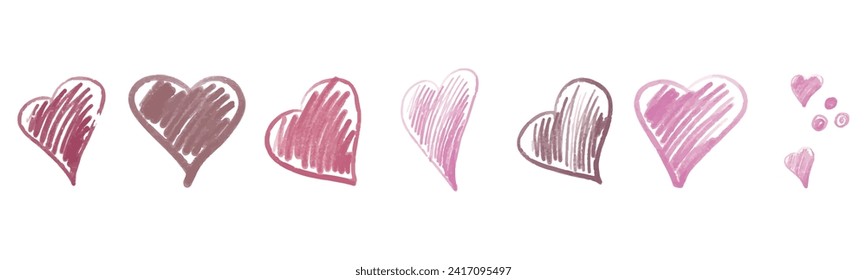 A decorative set of pink hearts is highlighted on a white background. Vector illustration. For Valentine's Day - hand-drawn hearts, a frame for a postcard.