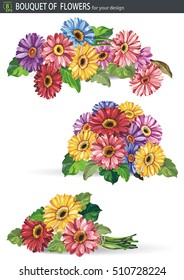 Decorative Set of pink and orange gerbera flowers isolated on white background