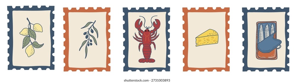 Um conjunto decorativo de ilustrações de selos postais com ícones da comida italiana: frutos do mar, antipasto, queijo, vinho, limões e detalhes culinários à beira-mar.