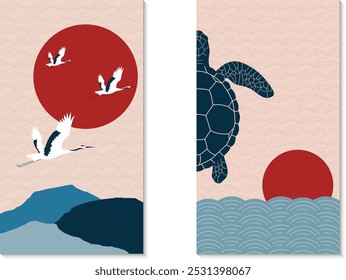 Conjunto decorativo de cartazes em estilo oriental animalístico. Tartaruga no fundo de ondas e sol vermelho. Guindastes voando sobre montanhas. Fundo texturizado. Paisagem Ilustração vetorial