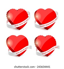 Decorative set of red hearts and white ribbons with greeting text