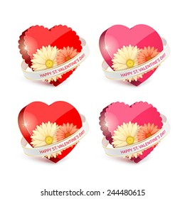 Decorative set of red hearts and white ribbons with text