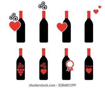 decorative set of red wine bottle with design element on white background