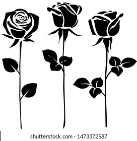 Decorative set of rose with long stem. Vector flower silhouette