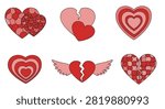 Decorative set of six heart icons featuring red and pink mosaic patterns, broken heart symbols, winged heart illustration, and concentric layered shapes isolated on a white background.