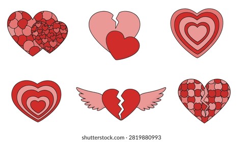 Decorative set of six heart icons featuring red and pink mosaic patterns, broken heart symbols, winged heart illustration, and concentric layered shapes isolated on a white background.