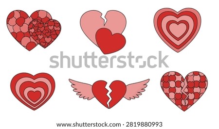Decorative set of six heart icons featuring red and pink mosaic patterns, broken heart symbols, winged heart illustration, and concentric layered shapes isolated on a white background.