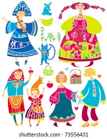 Decorative set of Slavonic cartoon characters: beautiful women, young girl in ethnic dress, boyfriend and girlfriend, basket of apples, cat. Funny characters isolated on white background