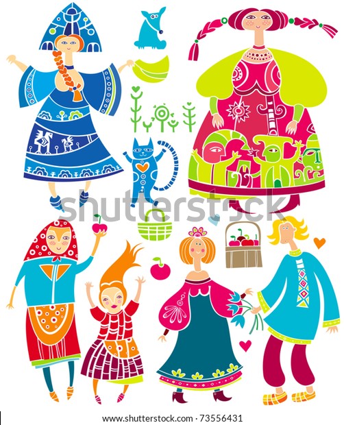 Decorative Set Slavonic Cartoon Characters Beautiful Stock Vector ...