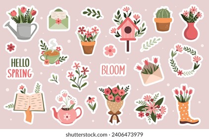 A decorative set of stickers with flowers. Spring holidays, Valentine's Day, Women's Day, Mother's Day