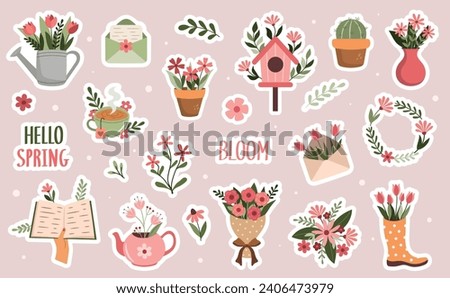 A decorative set of stickers with flowers. Spring holidays, Valentine's Day, Women's Day, Mother's Day