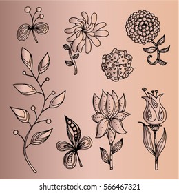 Decorative set of stylized flowers and plants for design. Printing on textiles. Images for a small tattoo. Vector illustration isolated on a black background.
