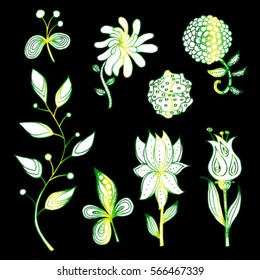 Decorative set of stylized flowers and plants for design.  Printing on textiles. Images for a small tattoo. Vector illustration isolated on a black background.