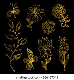 Decorative set of stylized flowers and plants for design. Linear hand graph. Printing on textiles. Images for a small tattoo. Vector illustration isolated on a black background.