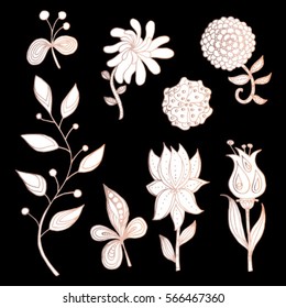 Decorative set of stylized flowers and plants for design. Linear hand graph. Printing on textiles. Images for a small tattoo. Vector illustration isolated on a black background.