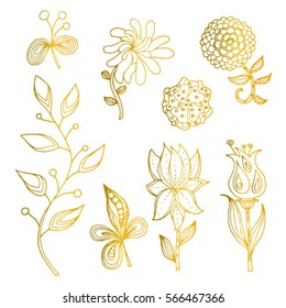Decorative set of stylized flowers and plants for design. Linear hand graph. Printing on textiles. Images for a small tattoo. Vector illustration isolated