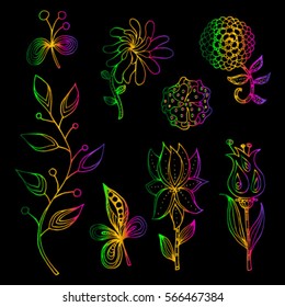 Decorative set of stylized flowers and plants for design. Linear hand graph. Printing on textiles. Images for a small tattoo. Vector illustration isolated on a black background.