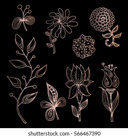Decorative set of stylized flowers and plants for design. Linear hand graph. Printing on textiles. Images for a small tattoo. Vector illustration isolated on a black background.
