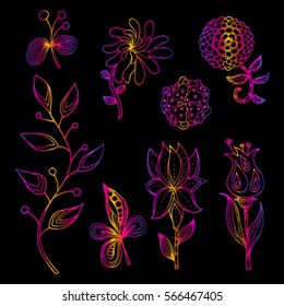 Decorative set of stylized flowers and plants for design. Linear hand graph. Printing on textiles. Images for a small tattoo. Vector illustration isolated on a black background.