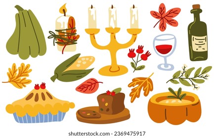 Decorative set for Thanksgiving feast. Items for table decor and dishes, treats. Candles, pumpkins, autumn leaves, berries, pie, wine, pumpkin soup, corn. A bright collection on a white background