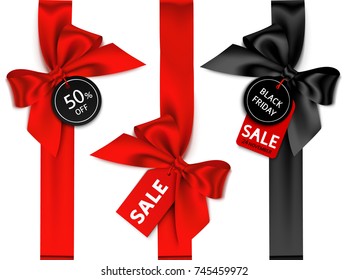 Decorative set of vertical ribbon with bow and sale tag for black friday sale design. Vector holiday discount label  