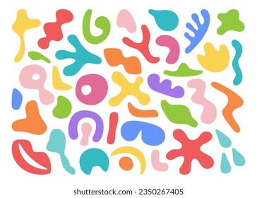 Decorative shapes, blobs and blots doodles flat cartoon set. Realistic elements for design of various decorative elements isolated on white background. Vector collection of 3d abstract plumps