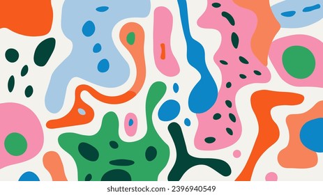 Decorative shapes, blobs and blots doodles flat cartoon pattern on white background. Contemporary art design. Colorful vector illustration