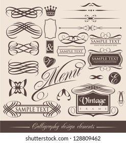 Decorative shapes for wedding invitations, restaurant menus or wine cards. Collection of vintage calligraphic design elements and vector page decorations.