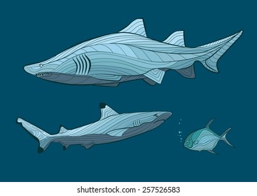 Decorative sharks in the sea with fish