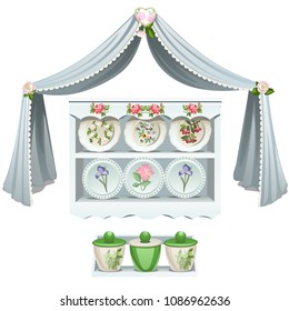 Decorative shelf for plates and ceramic pots with a print on the theme of nature isolated on white background. Vector cartoon close-up illustration.