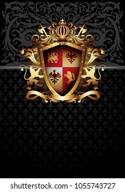 Decorative shield on the background of heraldic ornament. Highly realistic illustration.