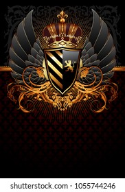 Decorative shield on the background of heraldic ornament. Highly realistic illustration.